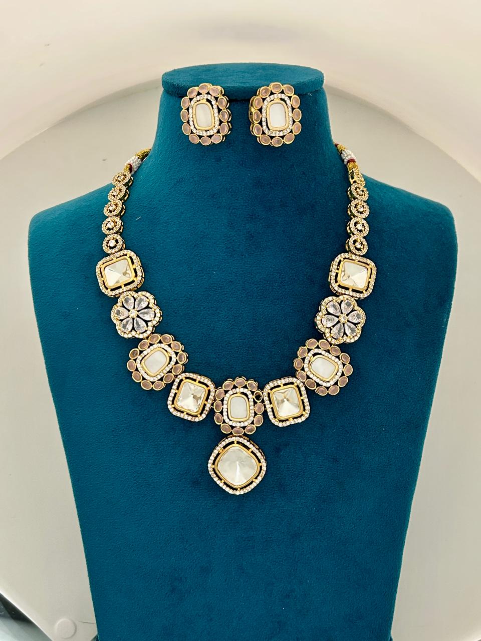 Royal Square Kundan Necklace Set with Earrings Gold Finish