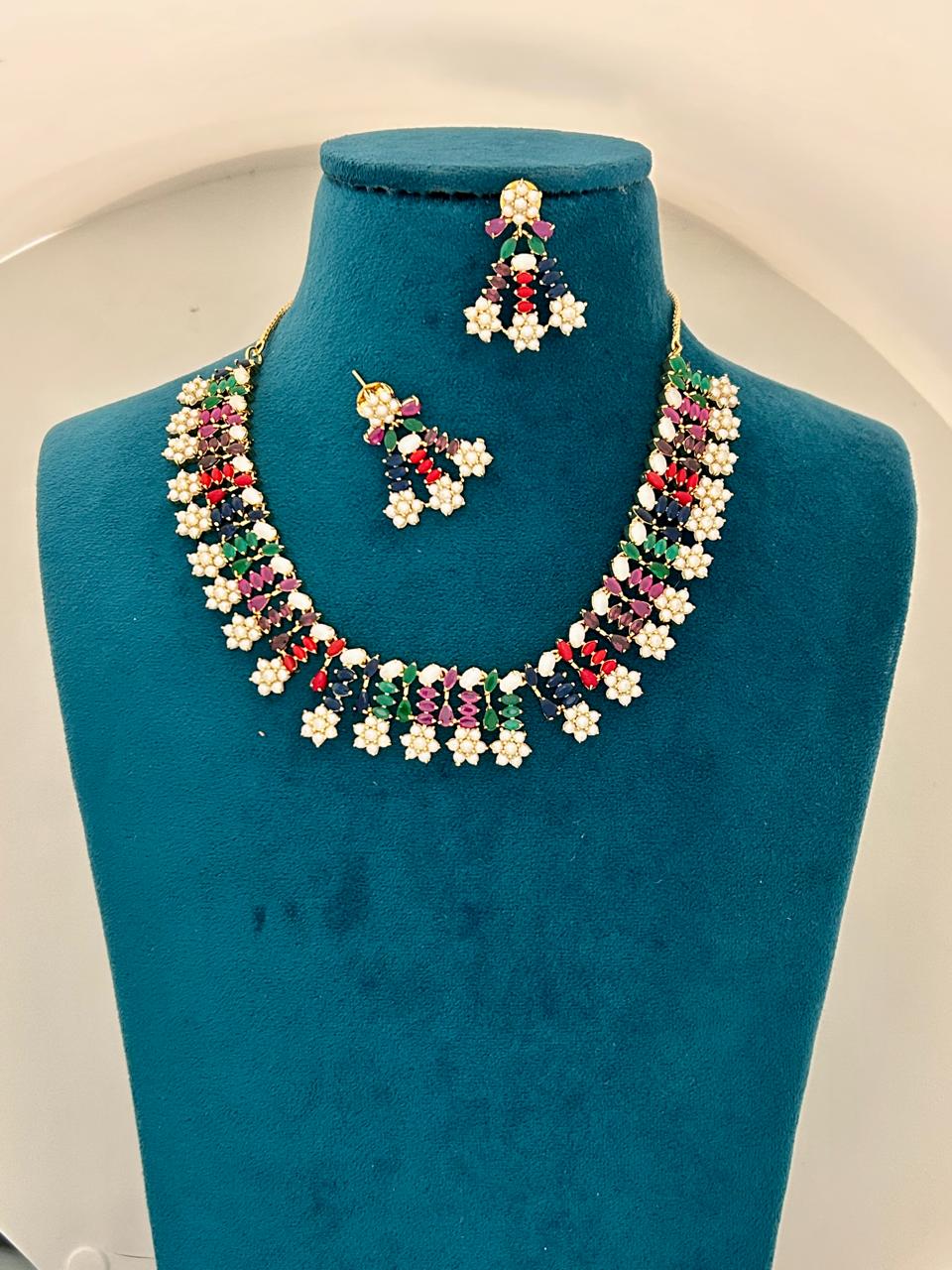 Multicolor Floral Stone Necklace Set with Earrings