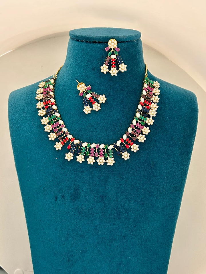 Multicolor Floral Stone Necklace Set with Earrings