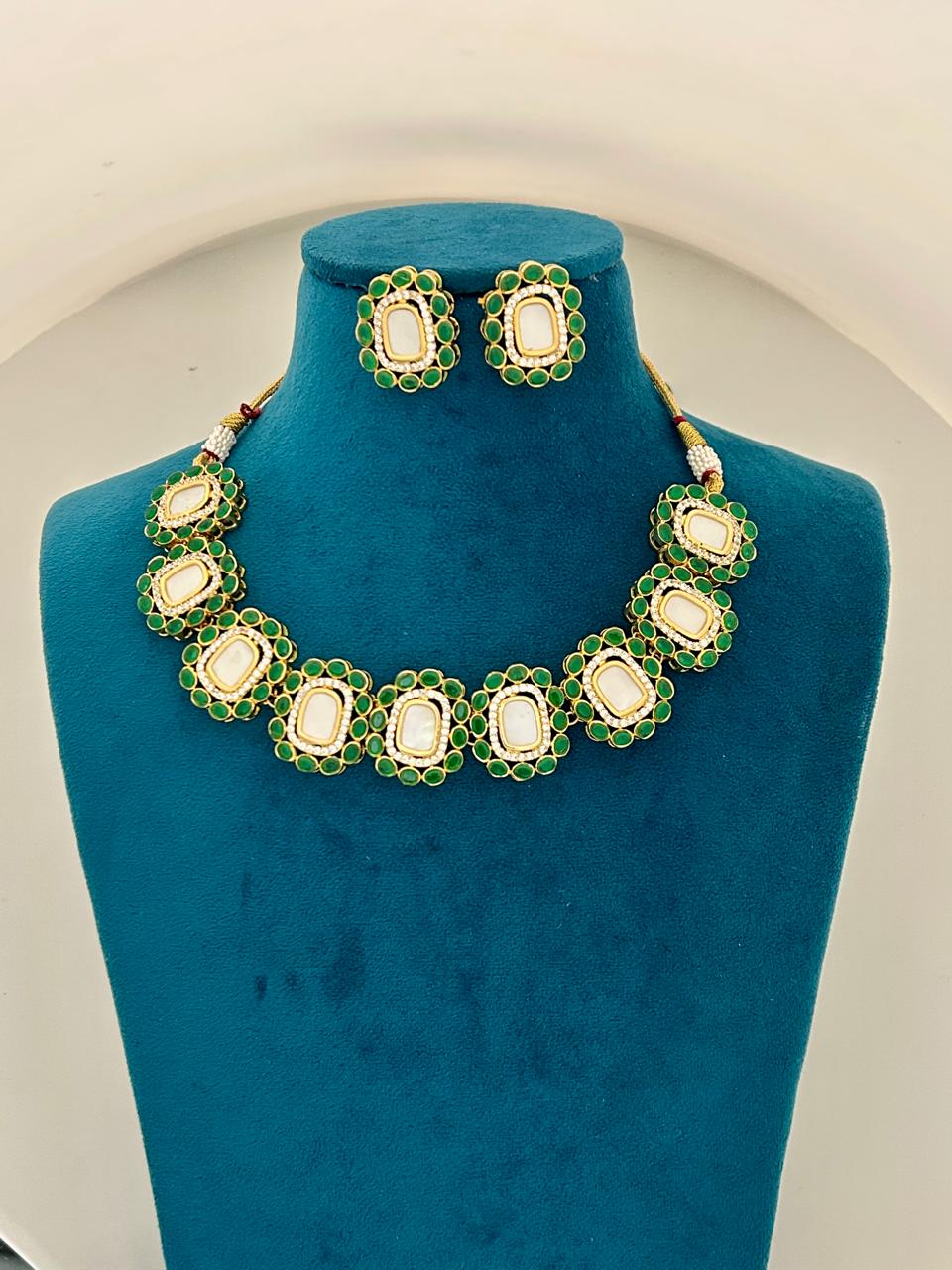Emerald Green Enamel Kundan Necklace Set with Earrings