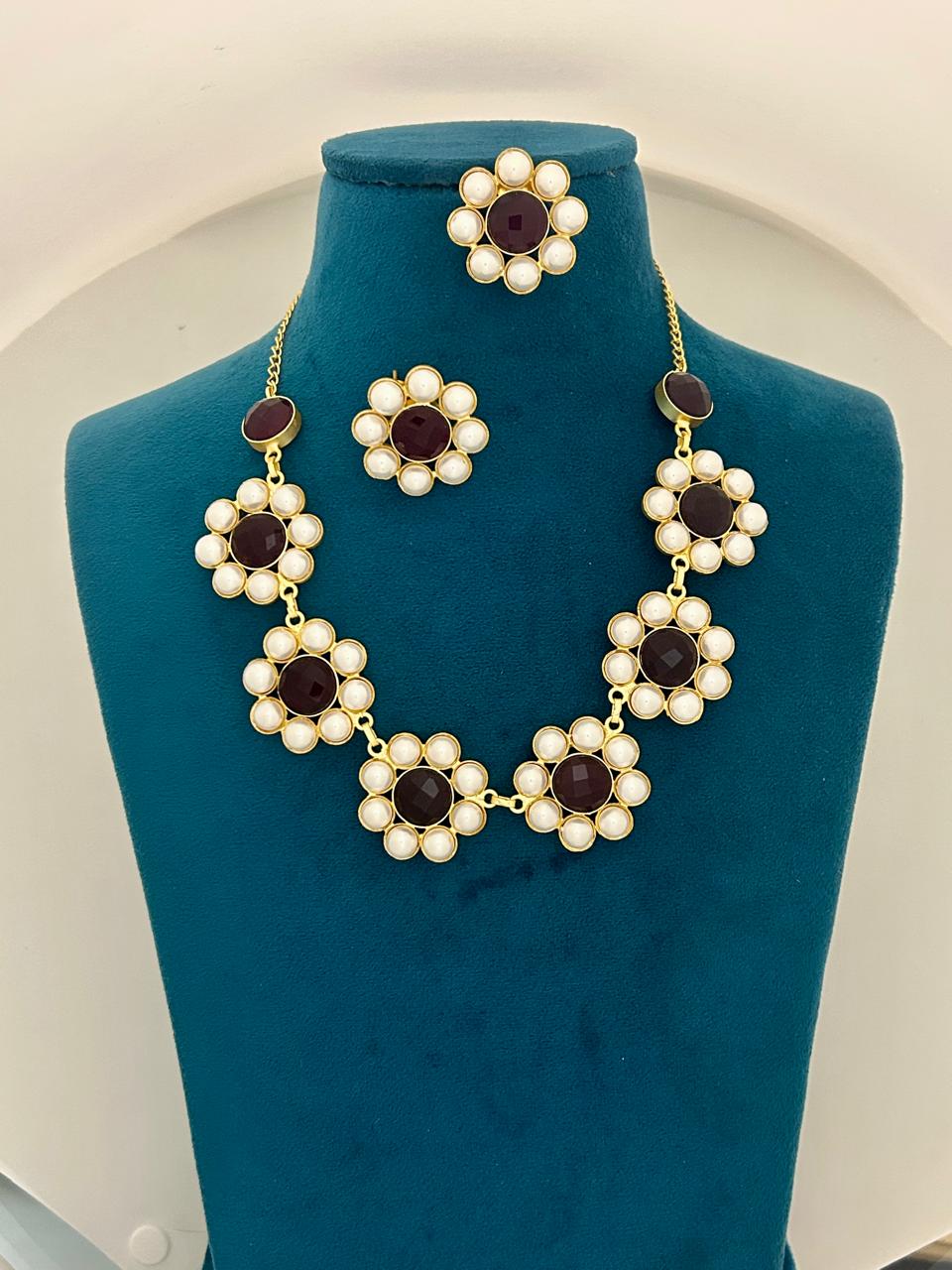 Maroon Stone Floral Pearl Necklace Set with Earrings Gold Finish