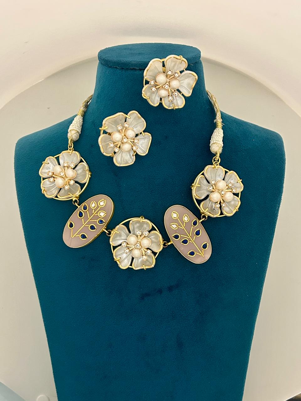 Pastel Floral Pearl Necklace Set with Enamel Detailing Gold Finish