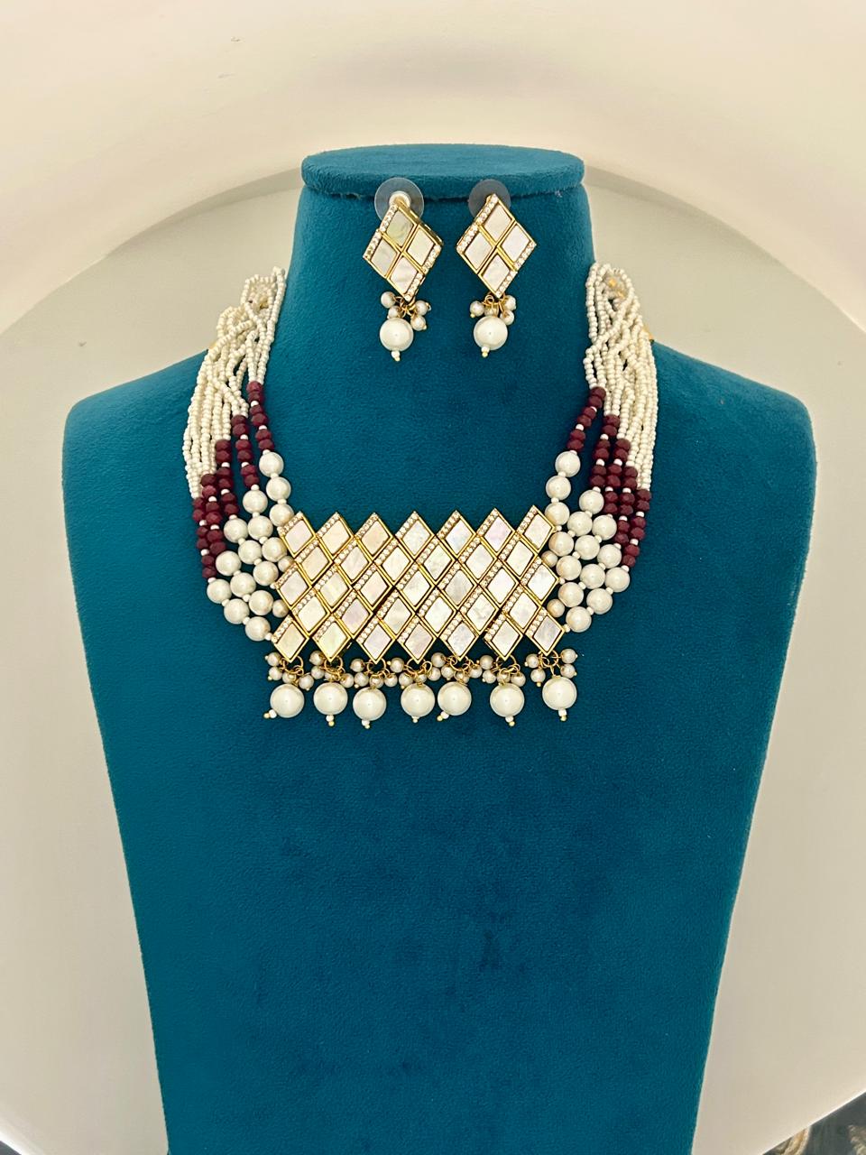 Pearl & Maroon Beaded Kundan Choker Necklace Set Gold Finish