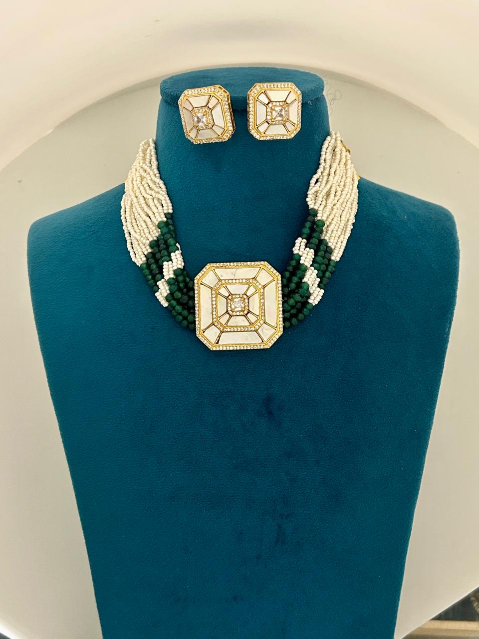 Statement Pearl & Green Beaded Choker with Geometric Kundan Pendant Gold Finish