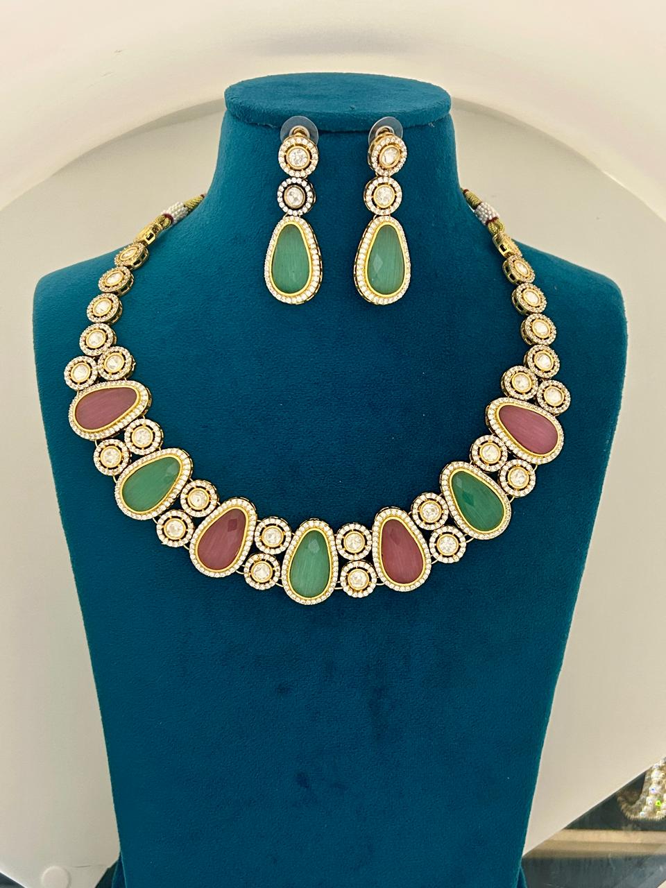 Dual Tone Green & Pink Kundan Necklace Set with Earrings Gold Finish