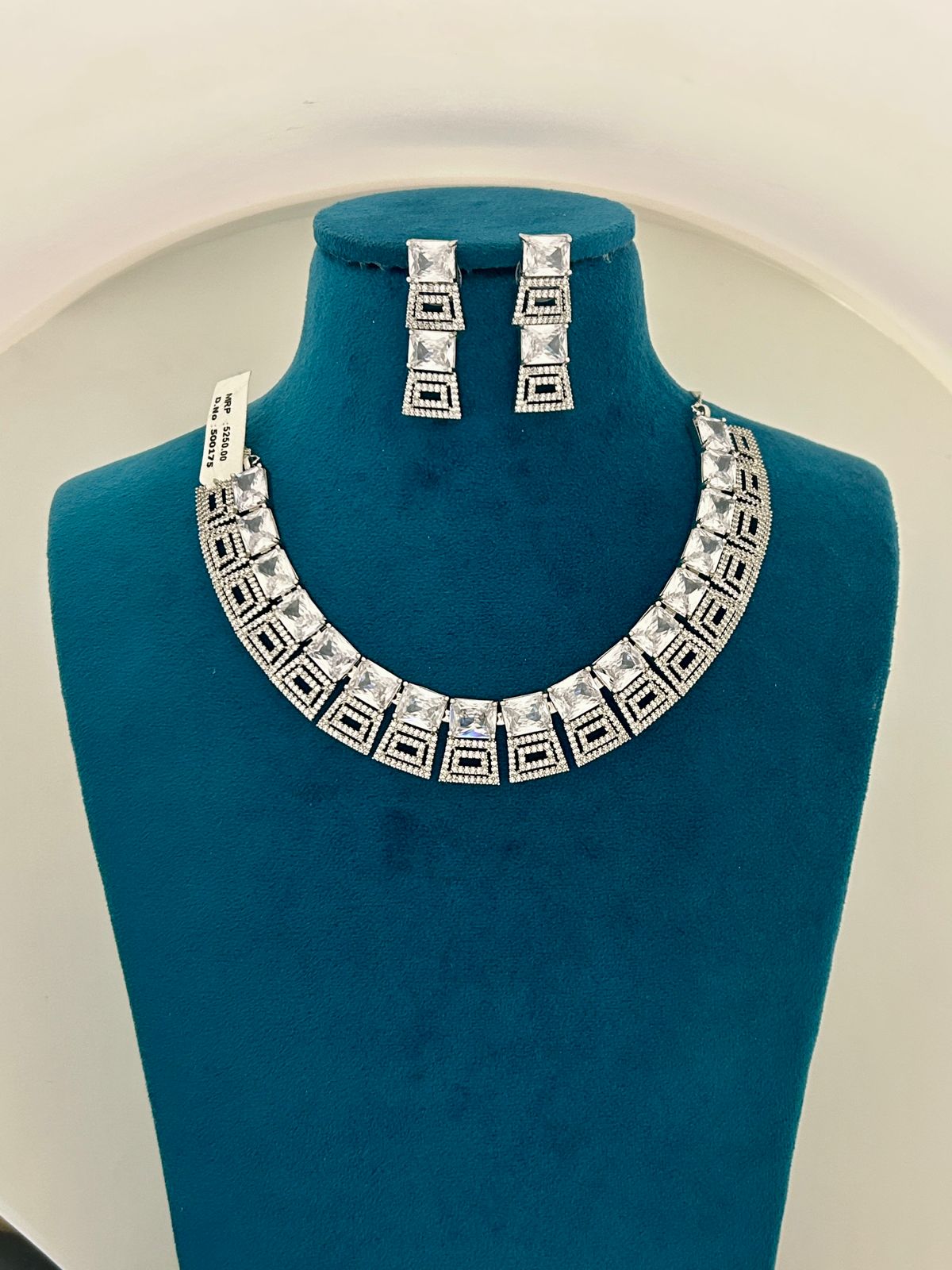 Square-Cut Diamond Necklace Set with Matching Earrings Silver Finish