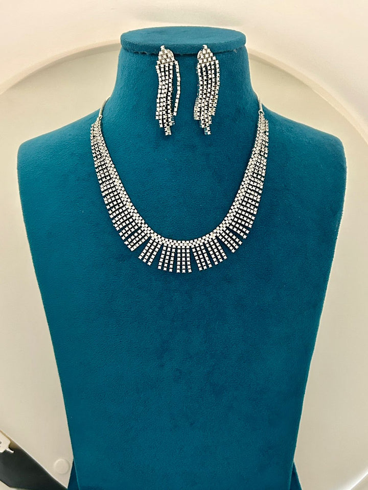 Sparkling Silver Diamond Necklace Set with Tassel Earrings