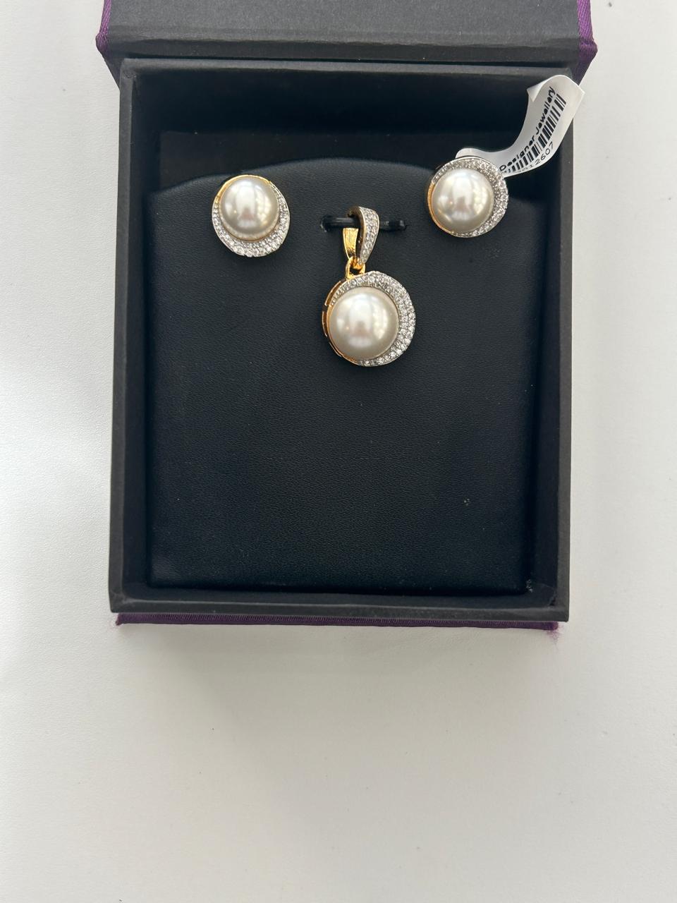 Elegant Pearl Pendant Set with CZ Halo Dual Tone Gold & Silver Finish
