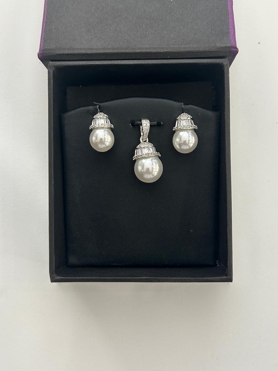 Classic Pearl Drop Pendant Set with CZ Detailing Silver Finish Elegance