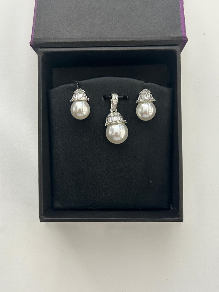 Classic Pearl Drop Pendant Set with CZ Detailing Silver Finish Elegance