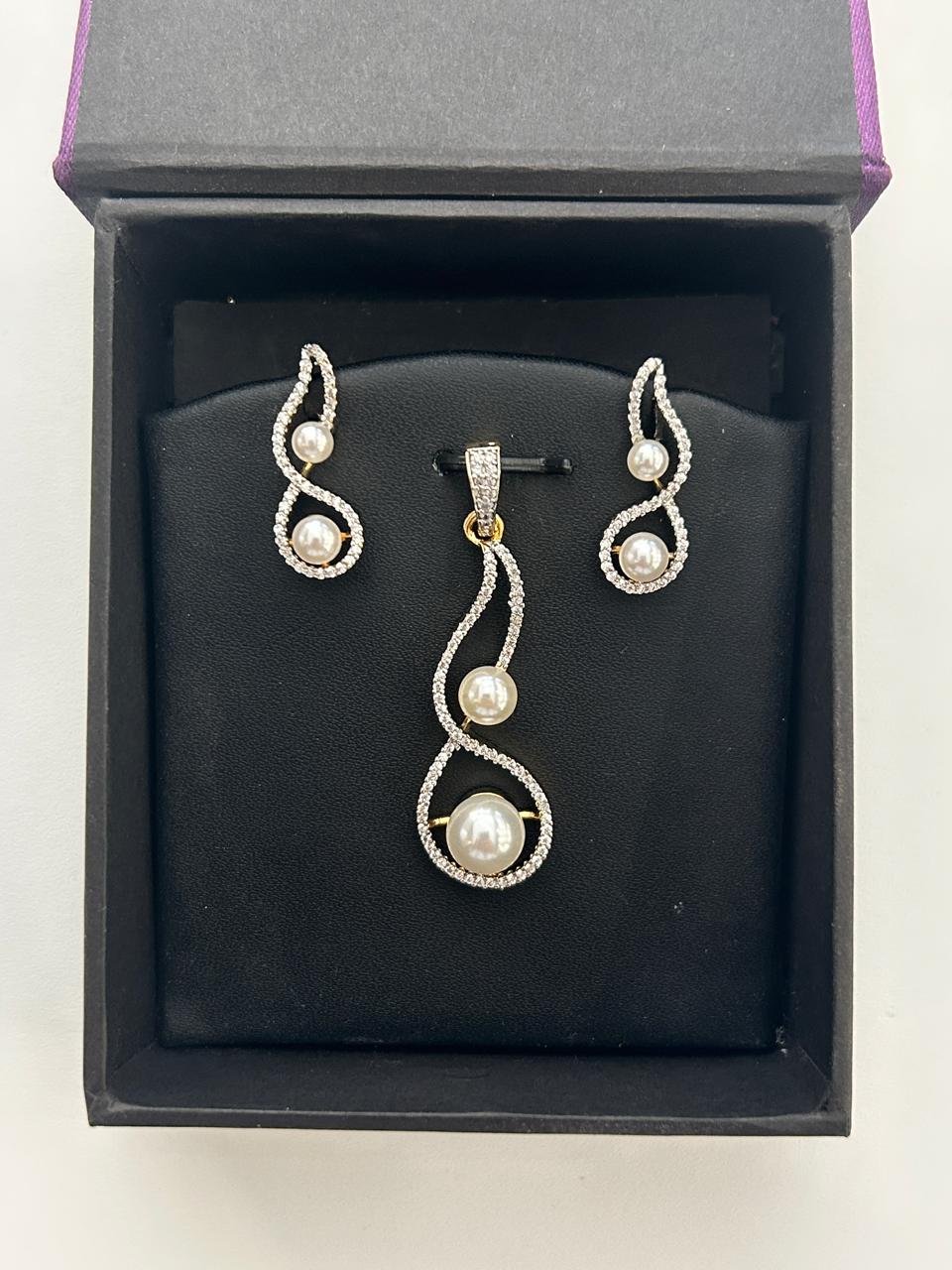 Premium Pearl & CZ Pendant Set Dual Tone Infinity Design in Gold & Silver Finish