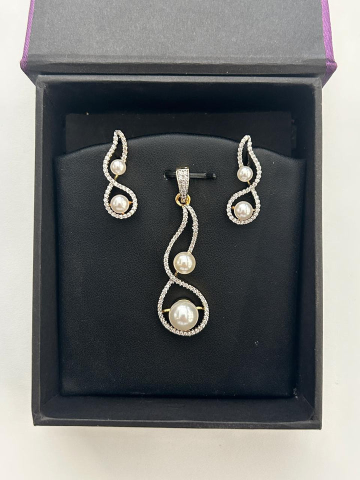 Premium Pearl & CZ Pendant Set Dual Tone Infinity Design in Gold & Silver Finish