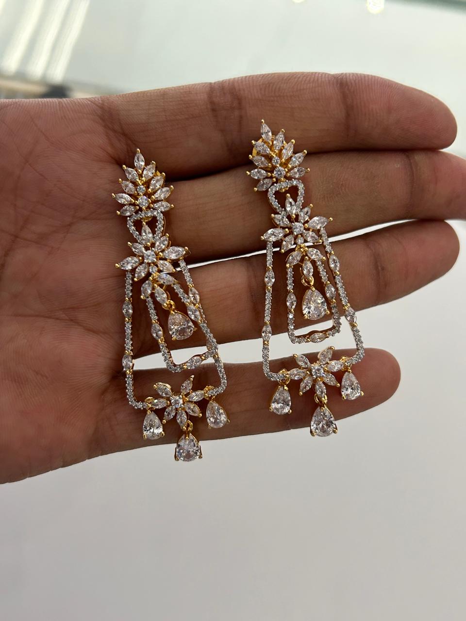 Designer CZ Dangler Earrings Floral Diamond Look in Dual Tone Finish
