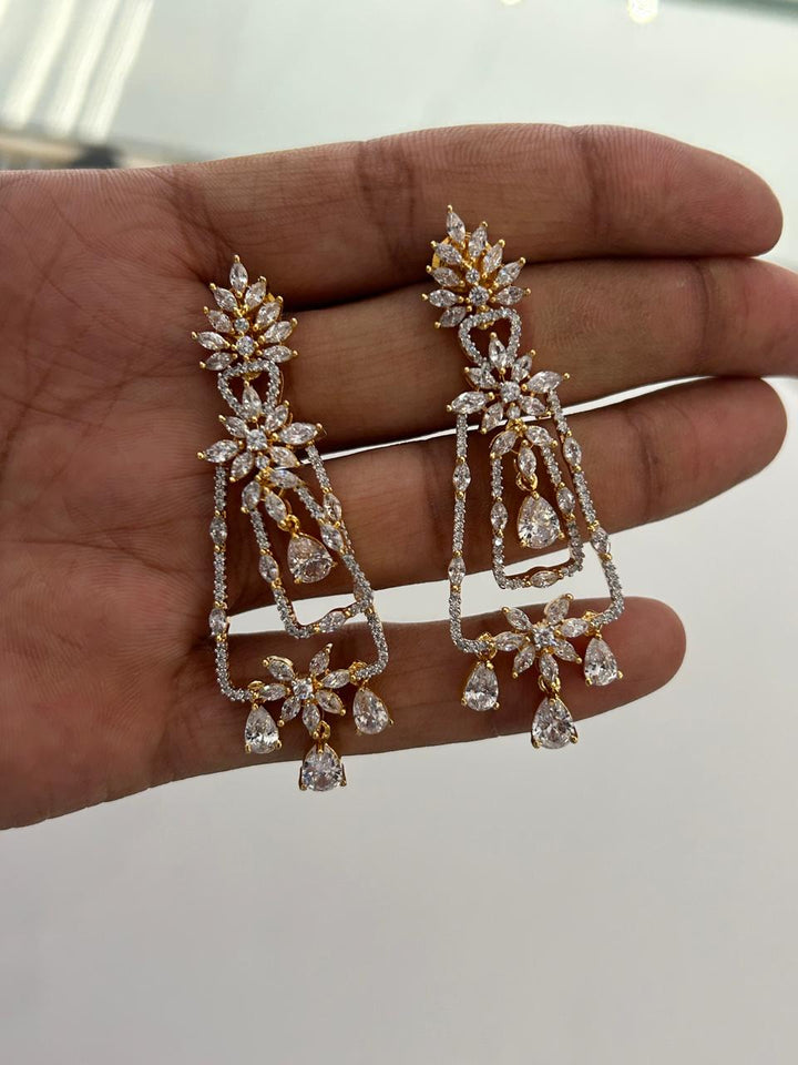 Designer CZ Dangler Earrings Floral Diamond Look in Dual Tone Finish