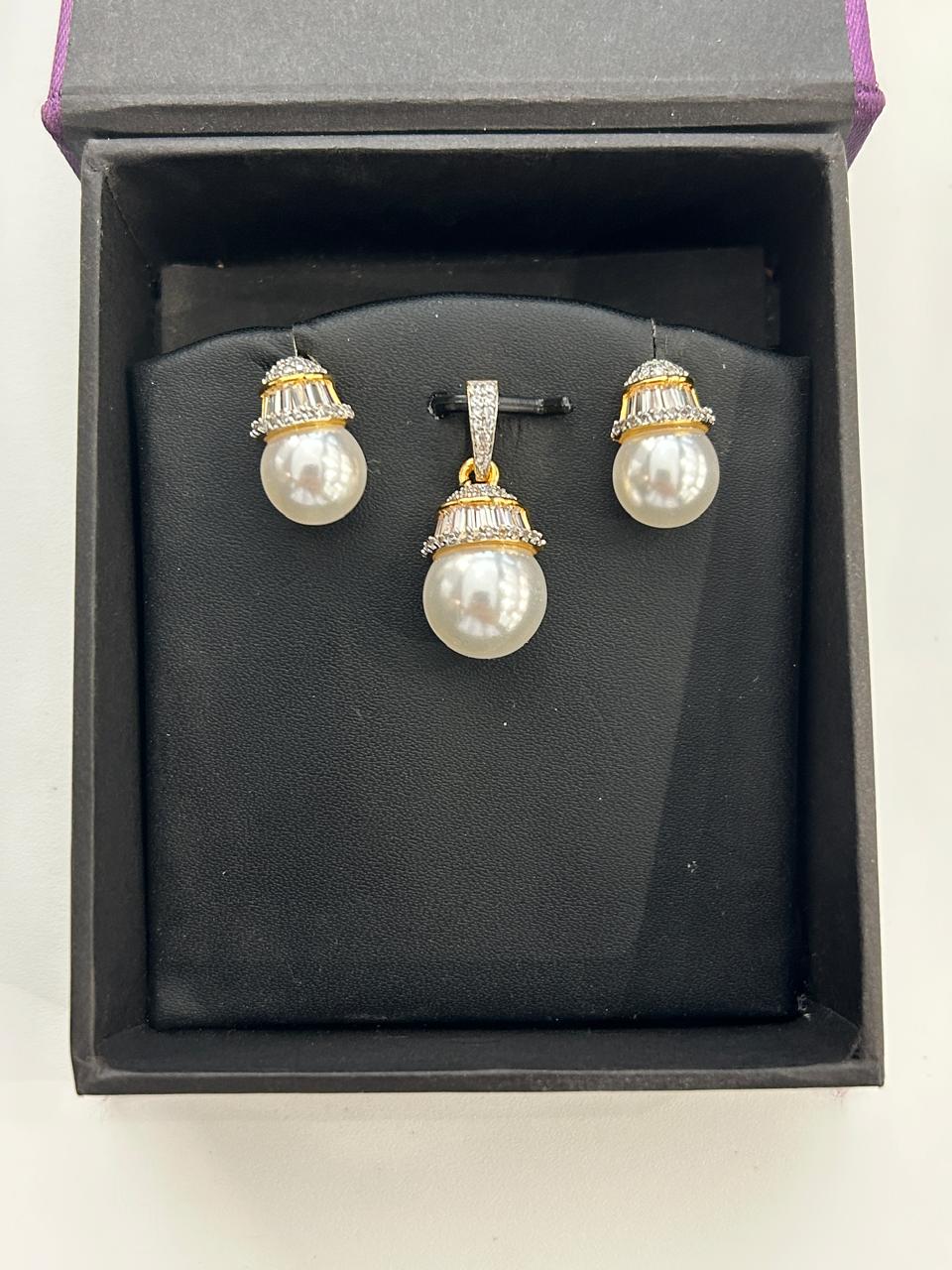 Royal Pearl Drop Pendant Set with CZ Detailing Two Tone Gold & Silver Finish