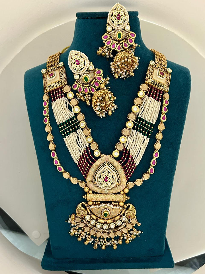 Royal Heritage Kundan Temple Necklace Set Gold Finish with Pearls & Meenakari Work