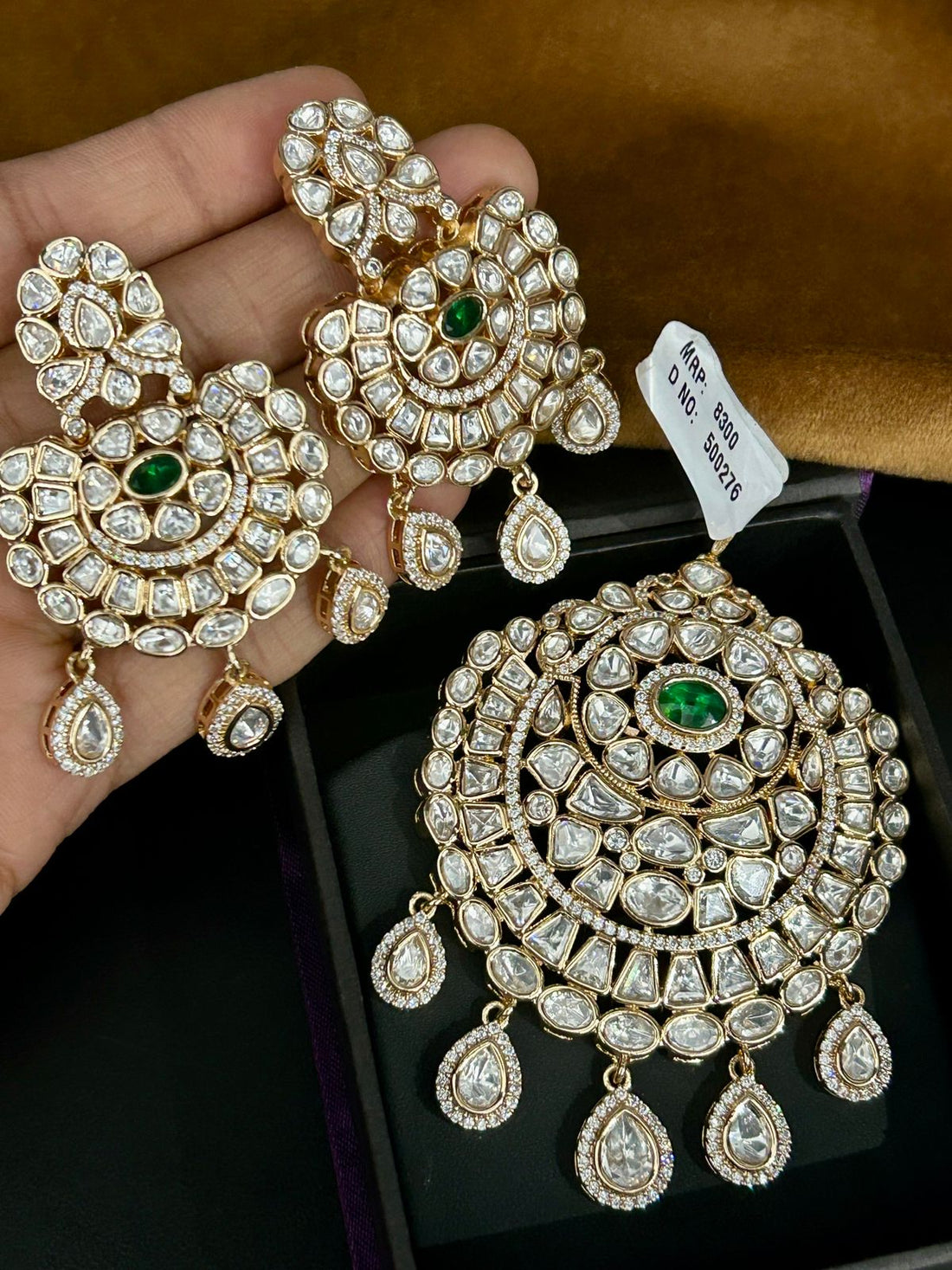 Royal Kundan Polki Pendant Set Emerald Green Centerpiece with Gold Finish