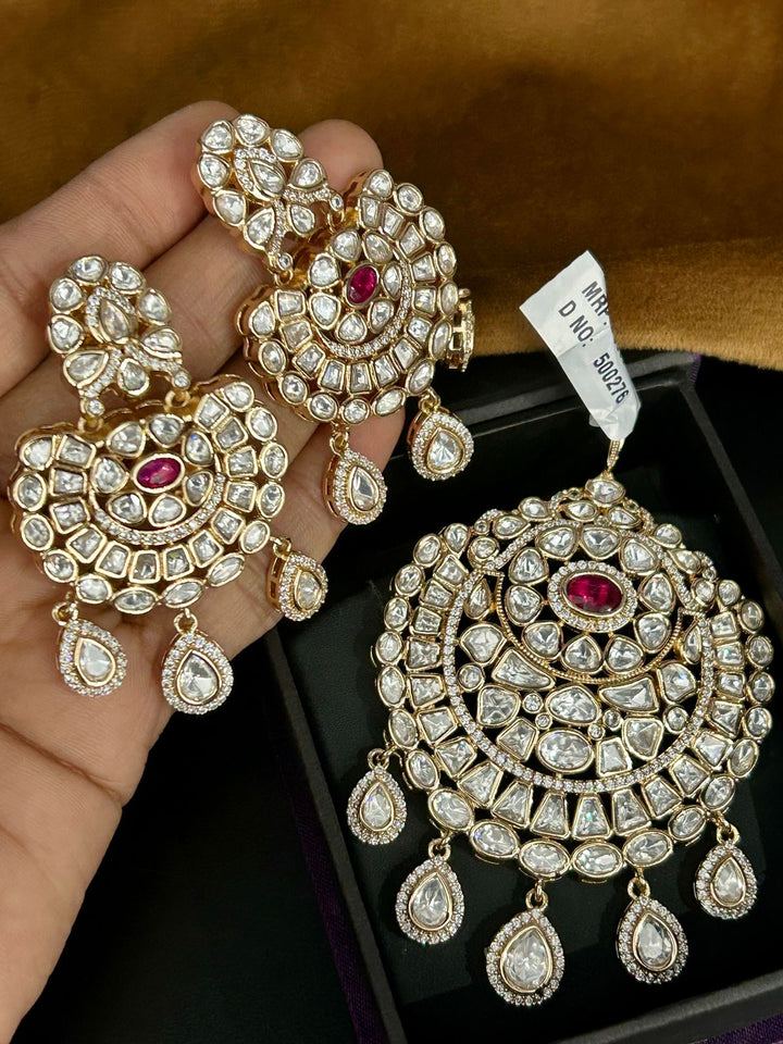 Grand Kundan Polki Pendant Set Ruby Centerpiece in Gold Finish