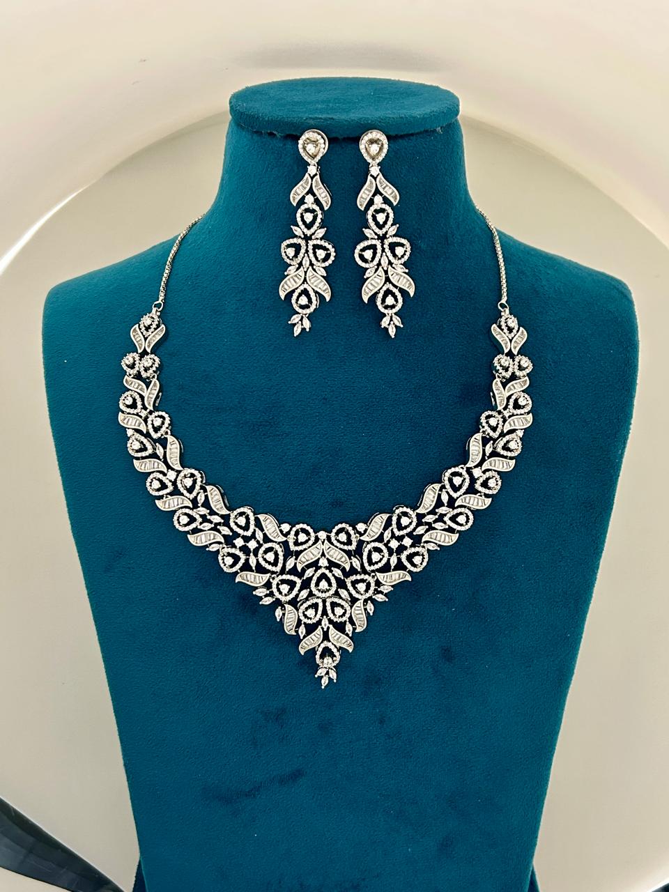 Silver Finish CZ Diamond Leaf Motif Necklace Set Premium Party & Wedding Jewellery
