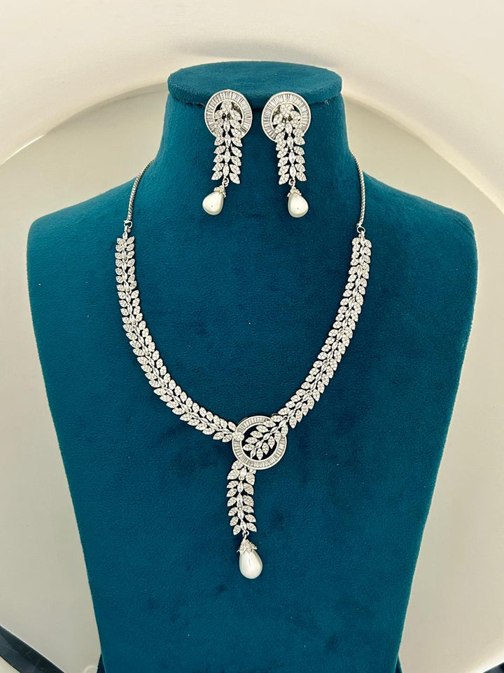 Silver Finish CZ Diamond Leaf Necklace Set with Pearl Drops Premium Party & Wedding Jewellery