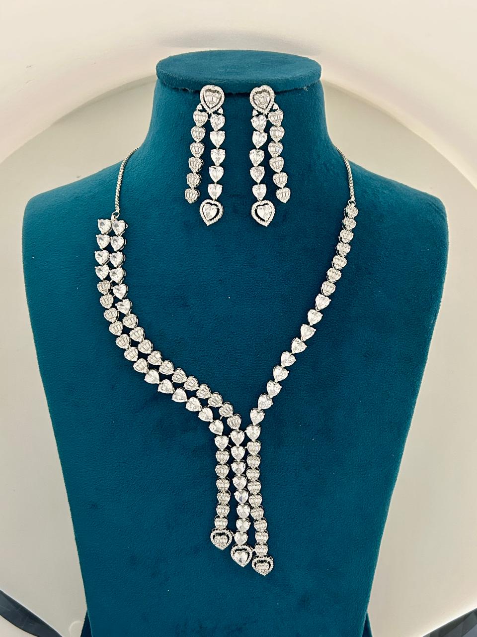 Elegant Heart Shape CZ Diamond Necklace Set with Long Dangler Earrings Premium Party & Wedding Jewellery