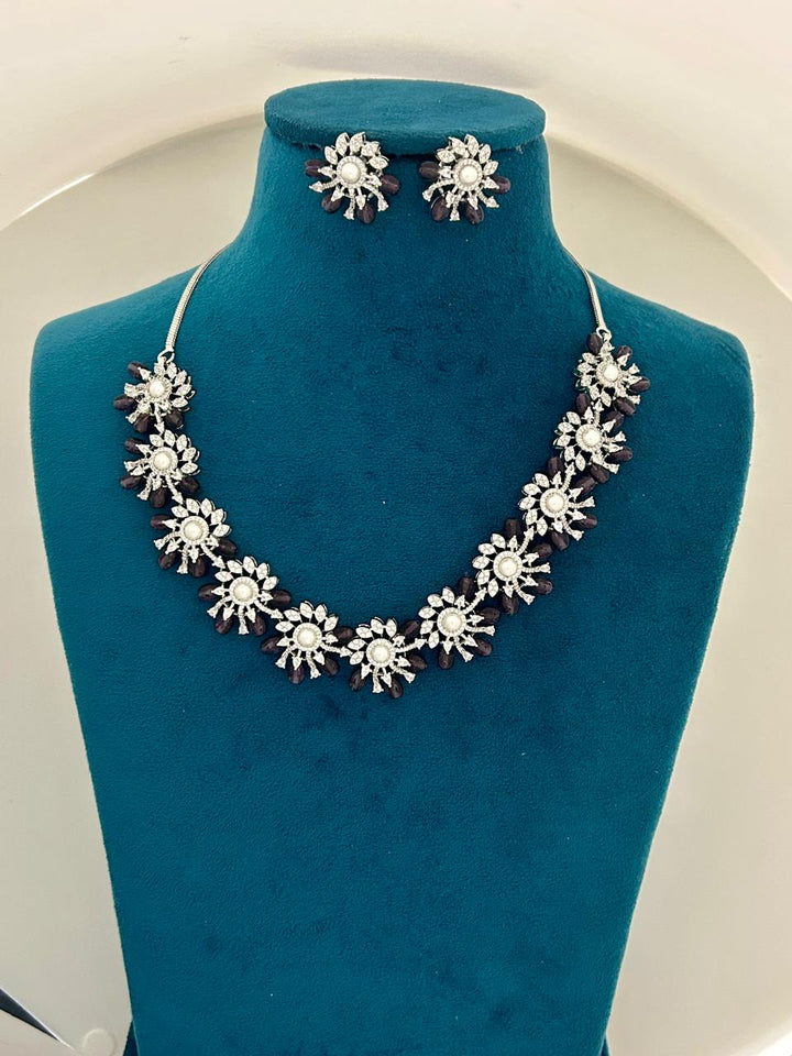 Floral Pearl & Maroon Bead Necklace Set Elegant Party & Festive Jewellery with Matching Stud Earrings