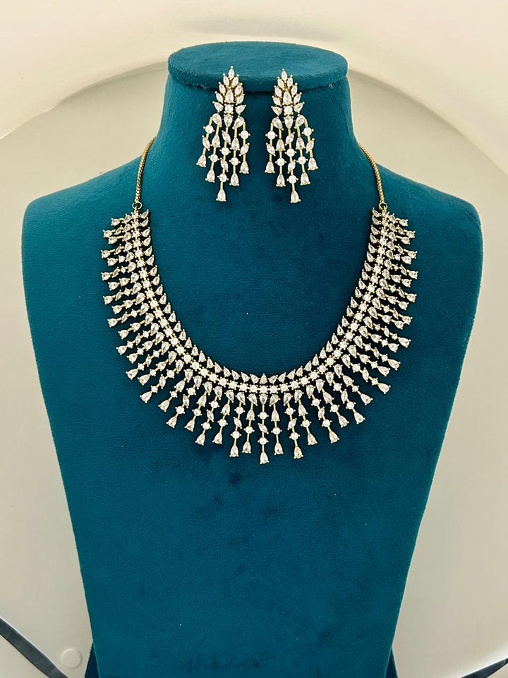Grand CZ Diamond Waterfall Necklace Set with Matching Long Earrings Premium Party & Wedding Jewellery