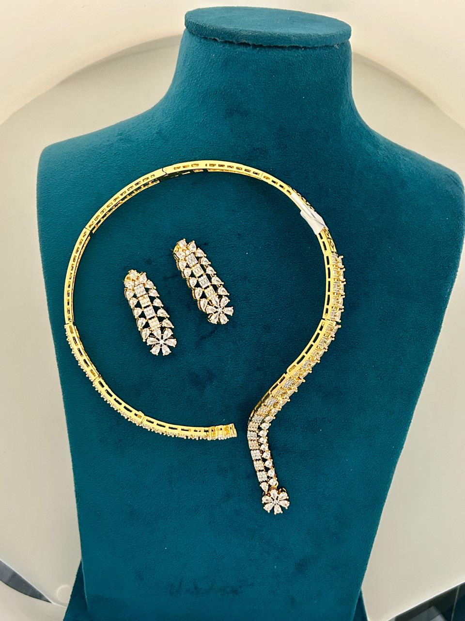 Premium Gold Finish CZ Diamond Curve Necklace Set with Matching Dangler Earrings