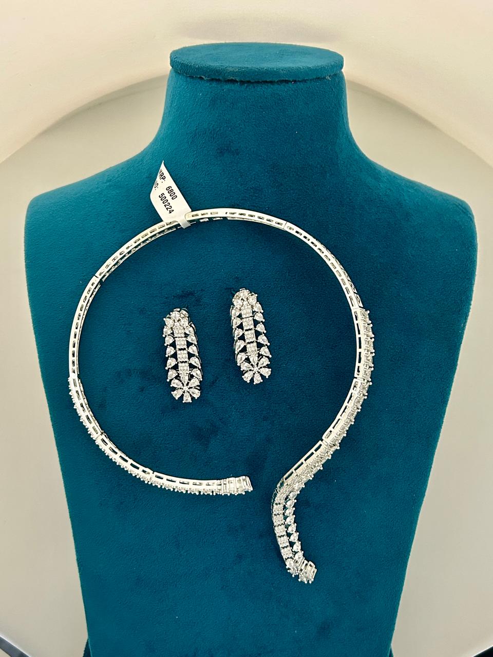 Elegant CZ Diamond Curved Necklace Set with Dangling Earrings Premium Party & Wedding Jewellery