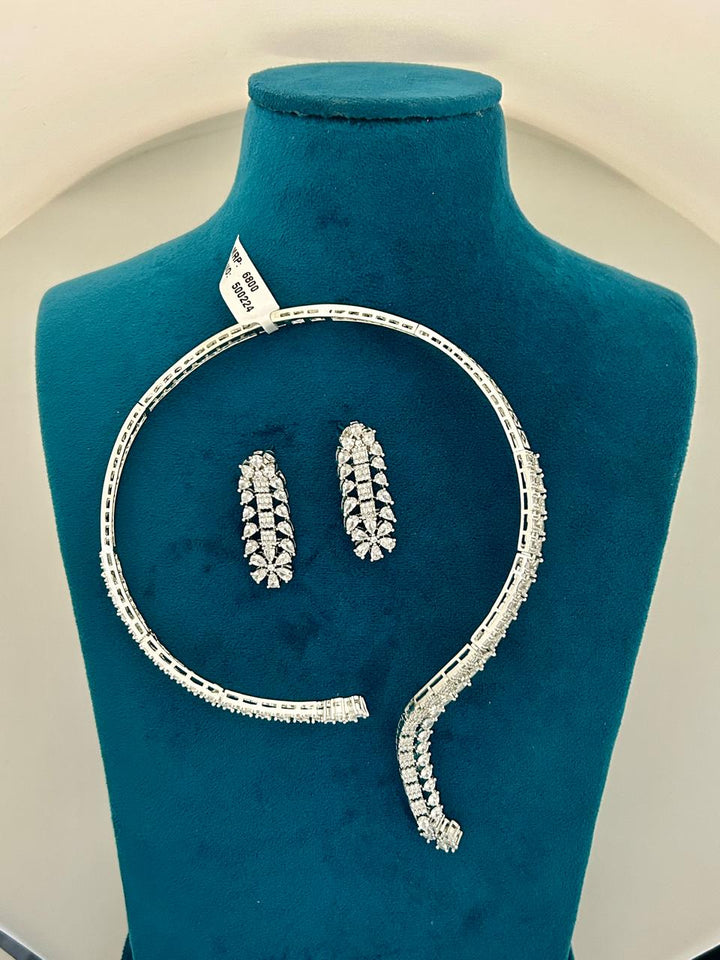 Elegant CZ Diamond Curved Necklace Set with Dangling Earrings Premium Party & Wedding Jewellery