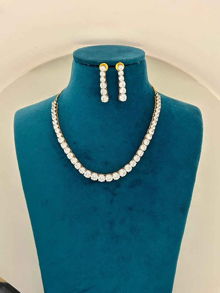 Golden Single Line CZ Diamond Necklace Set with Long Dangling Earrings