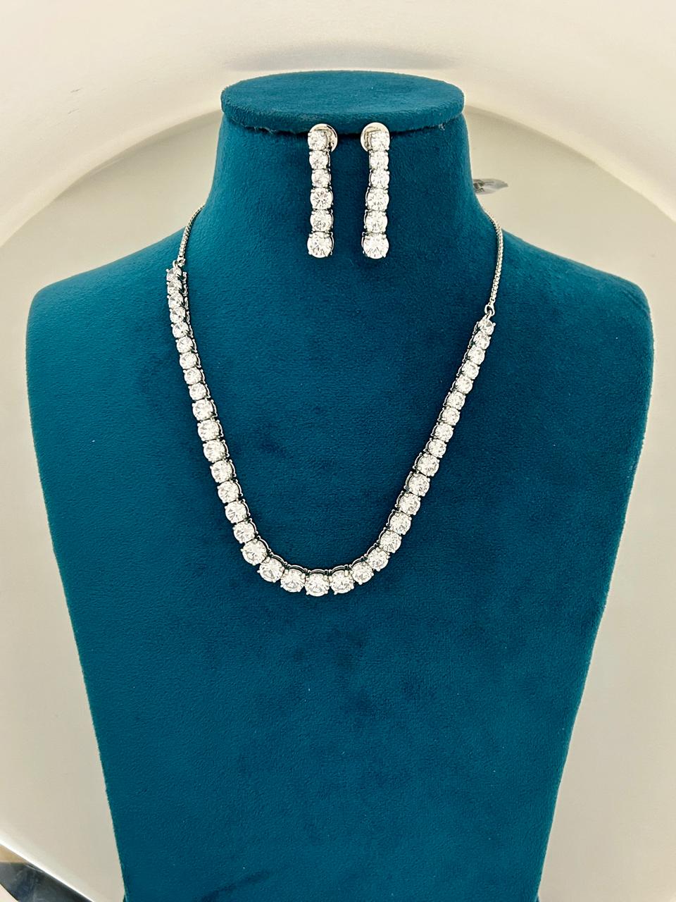 Classic Single Line CZ Diamond Necklace Set with Matching Dangling Earrings