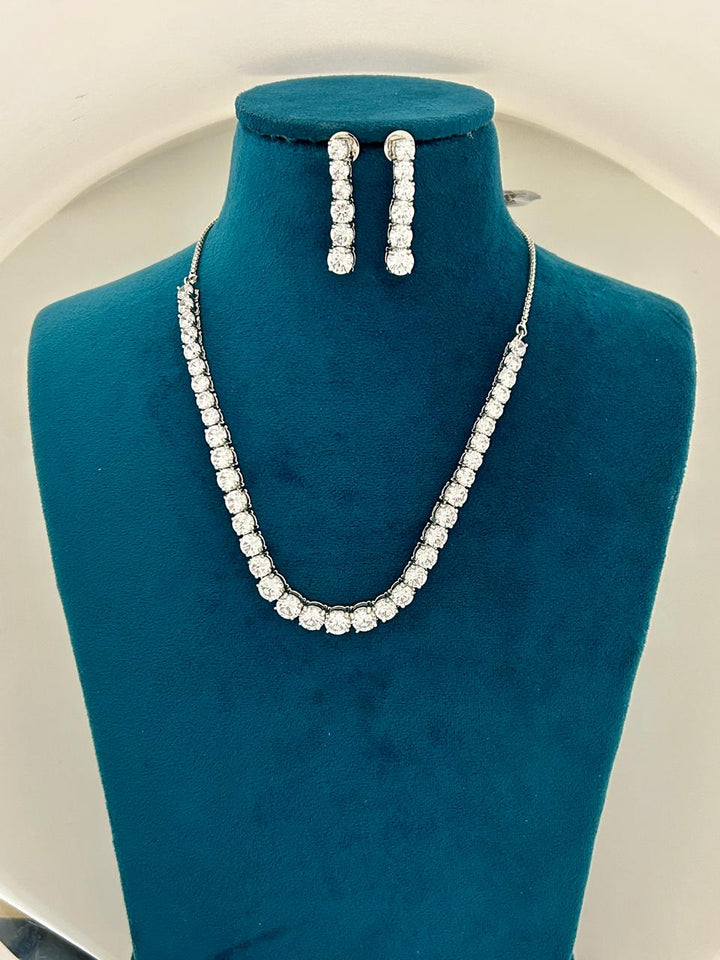 Classic Single Line CZ Diamond Necklace Set with Matching Dangling Earrings