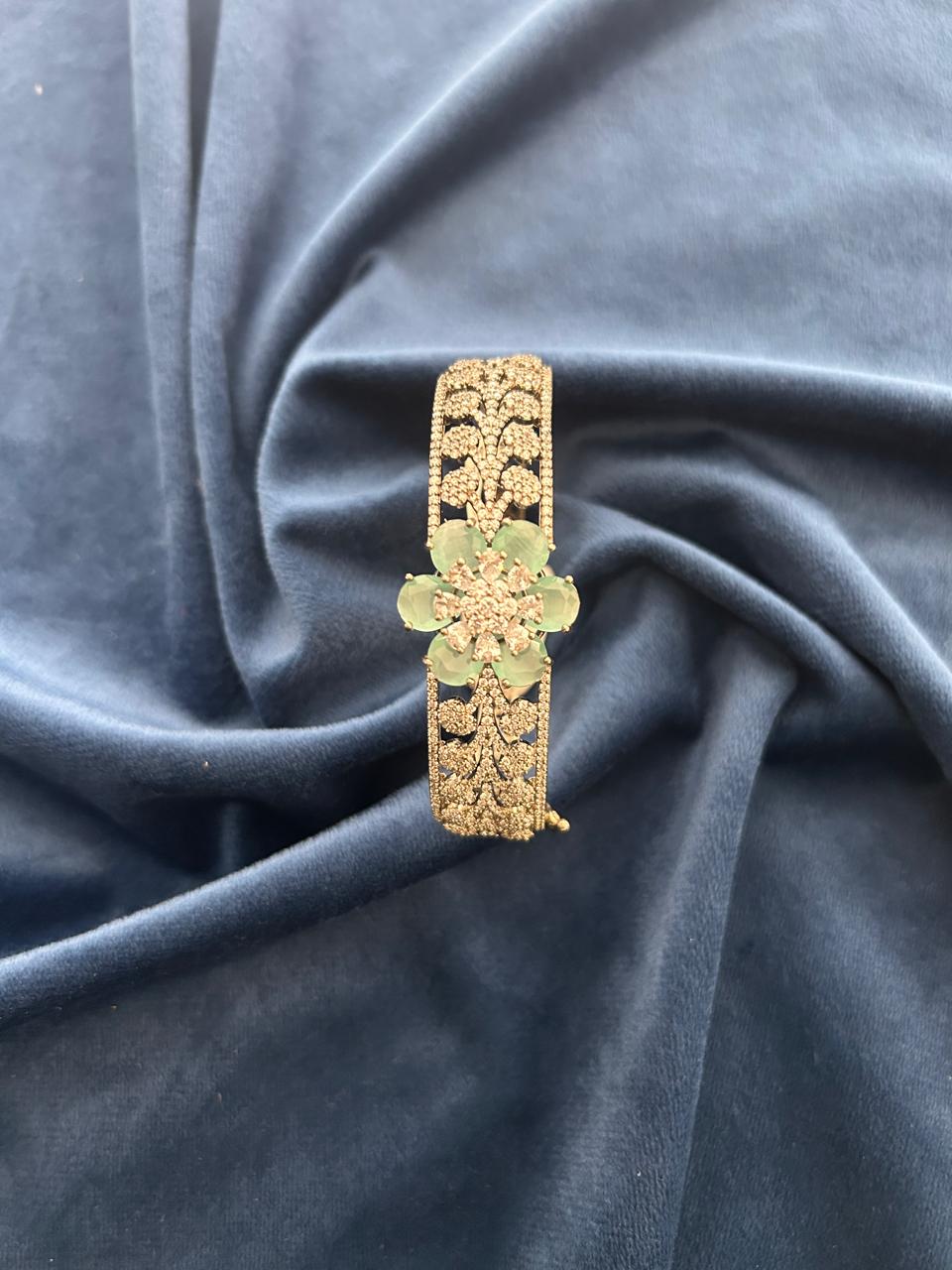 Mint Green Floral CZ Openable Bracelet Gold Finish | Sizes 2.4 | 2.6 | 2.8