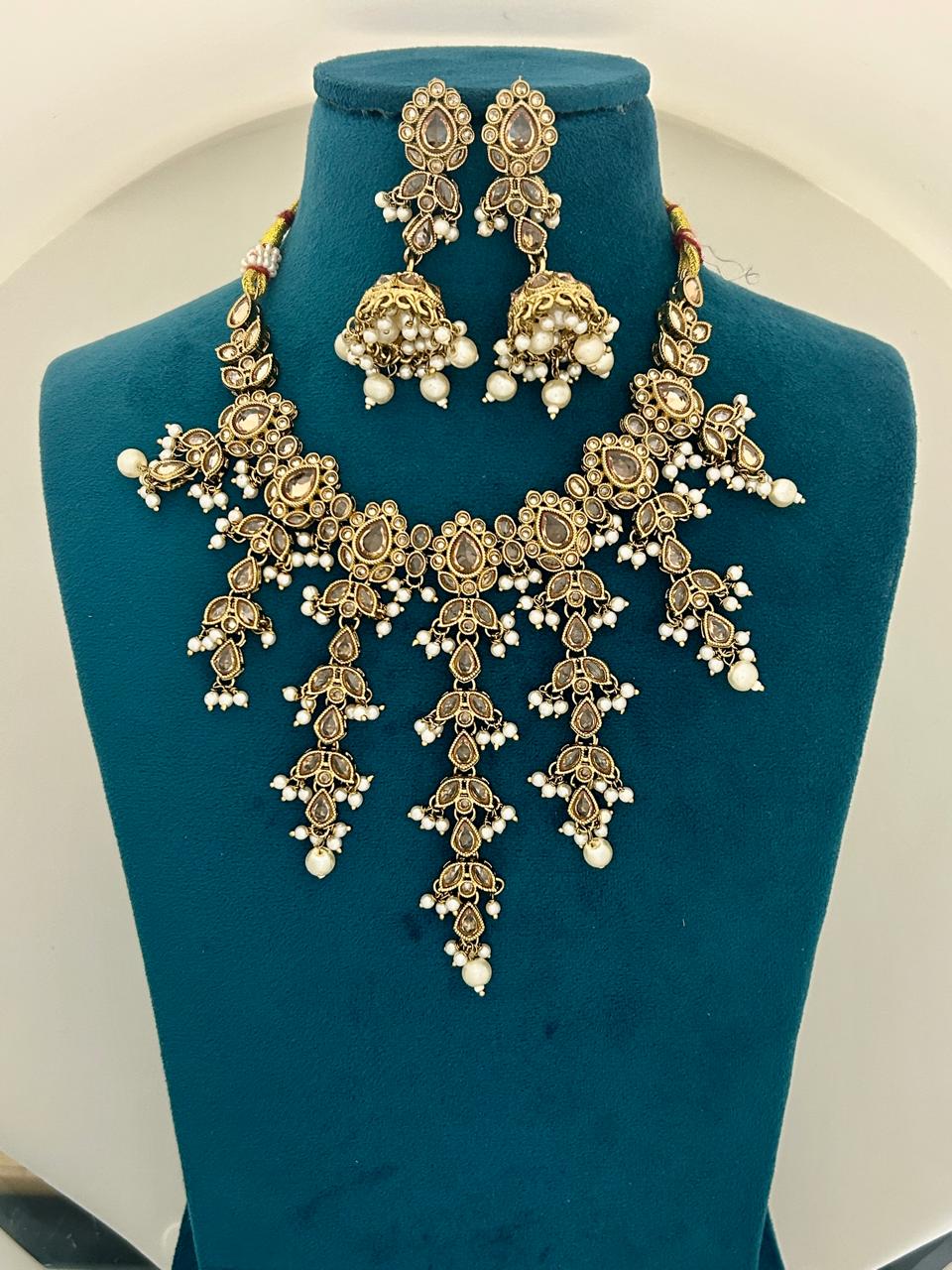 Indo-Western Long Drop Kundan Pearl Necklace Set with Earrings & Maangtika