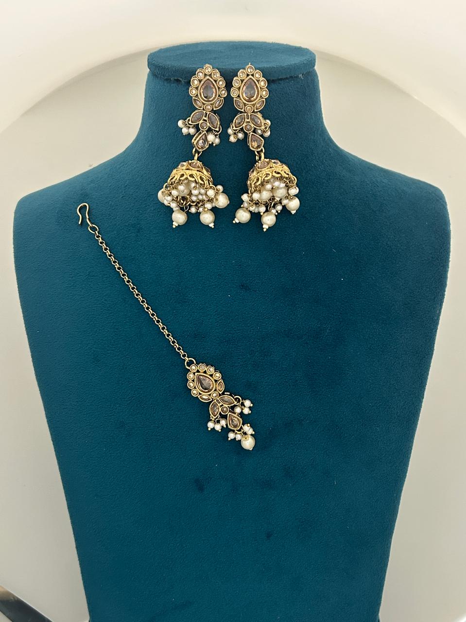 Indo-Western Long Drop Kundan Pearl Necklace Set with Earrings & Maangtika