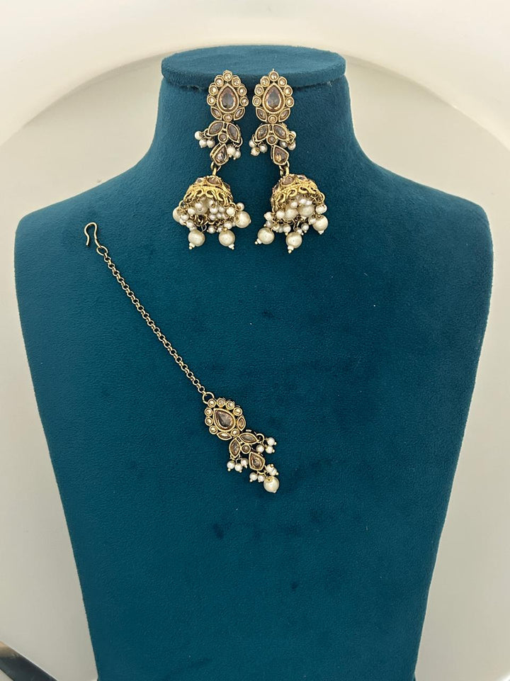 Indo-Western Long Drop Kundan Pearl Necklace Set with Earrings & Maangtika