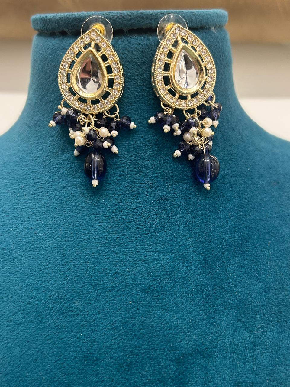 Indo Western Blue Beads Mirror Statement Necklace Set