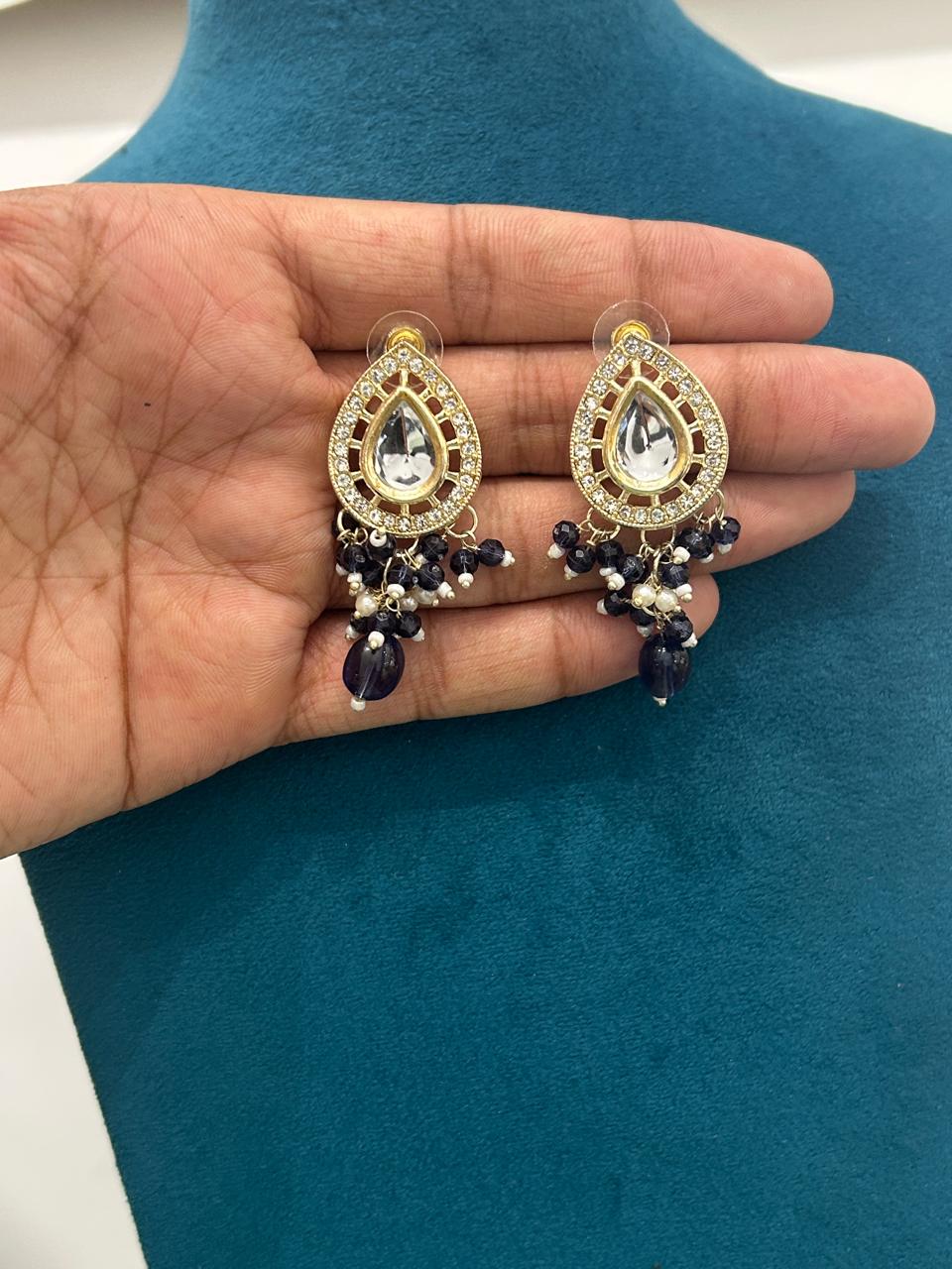 Indo Western Blue Beads Mirror Statement Necklace Set