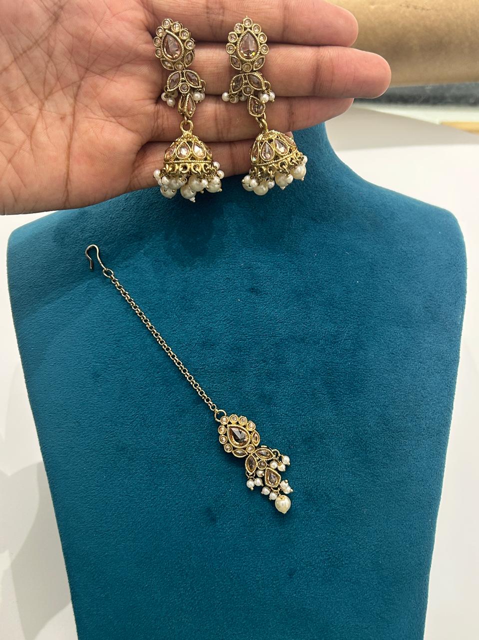 Indo-Western Long Drop Kundan Pearl Necklace Set with Earrings & Maangtika