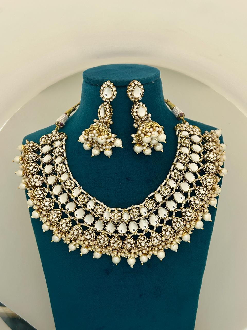 Indo-Western Off White Kundan Pearl Necklace Set with Earrings & Maangtika