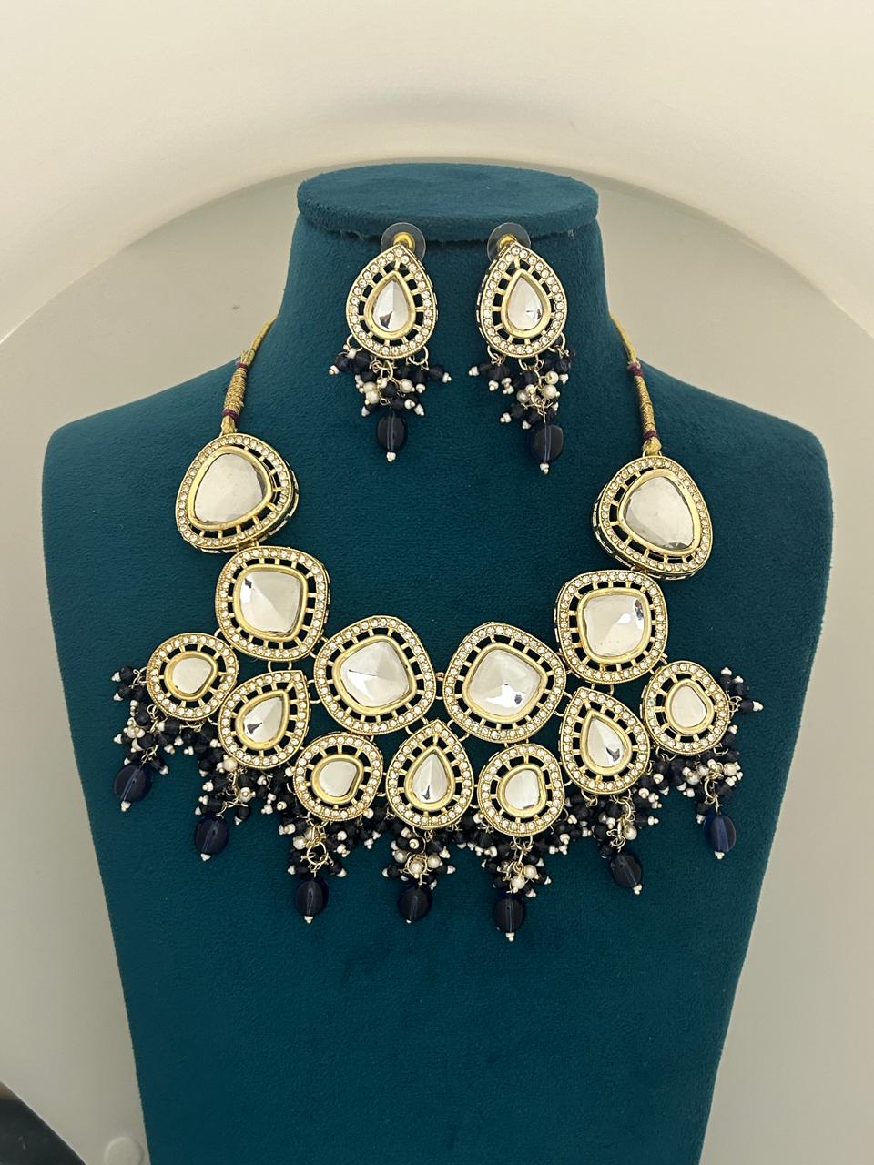 Indo Western Blue Beads Mirror Statement Necklace Set