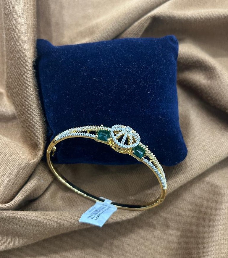 Elegant Green Stone CZ Diamond Open Bracelet Premium Gold Finish