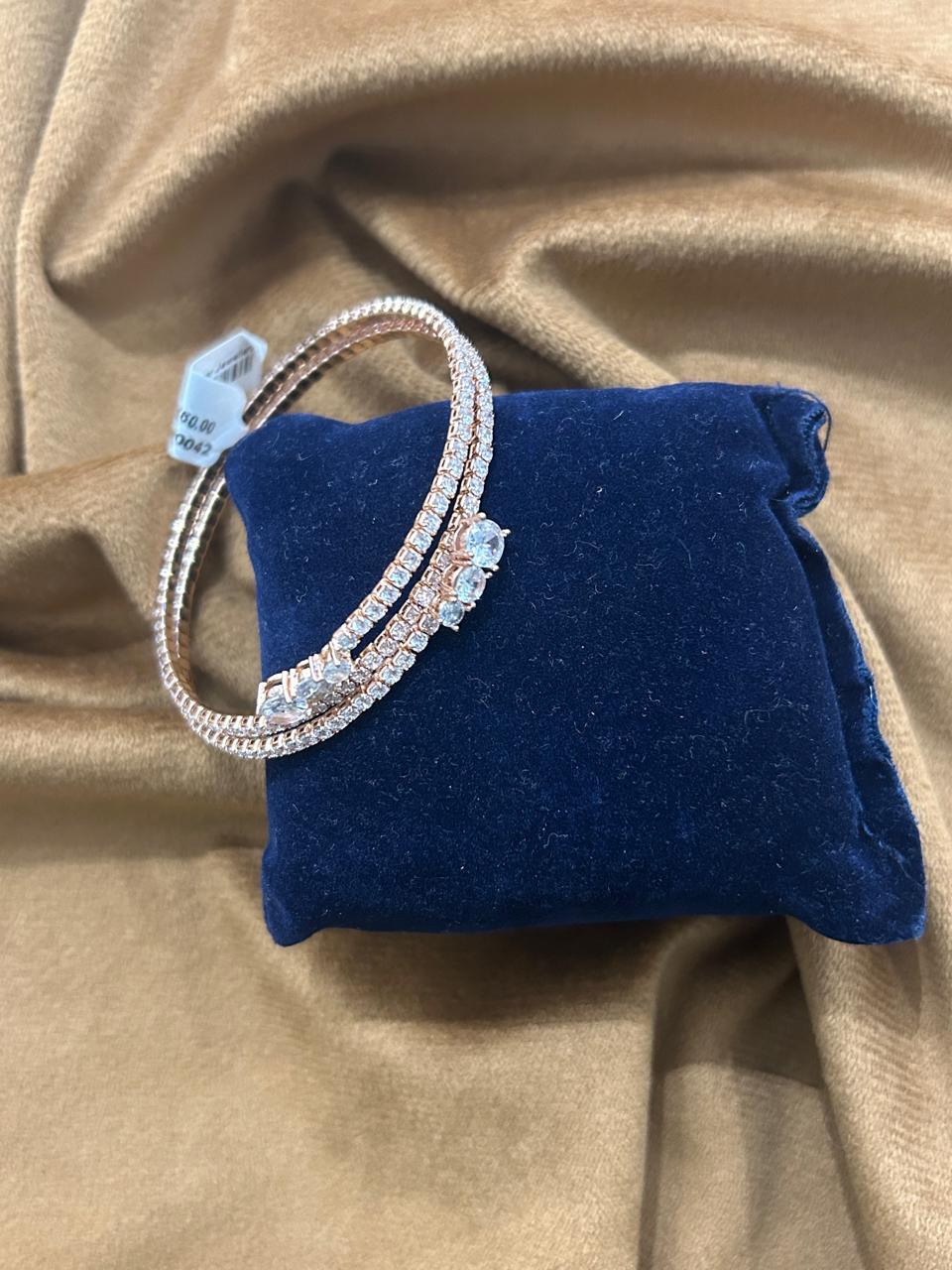 Premium Rose Gold Double-Line CZ Bangles Elegant Diamond Look Set