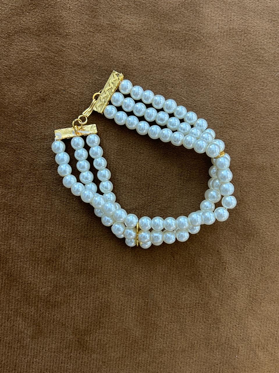 Triple Layer Pearl Elegance Bracelet Classic White Pearls with Gold Detailing