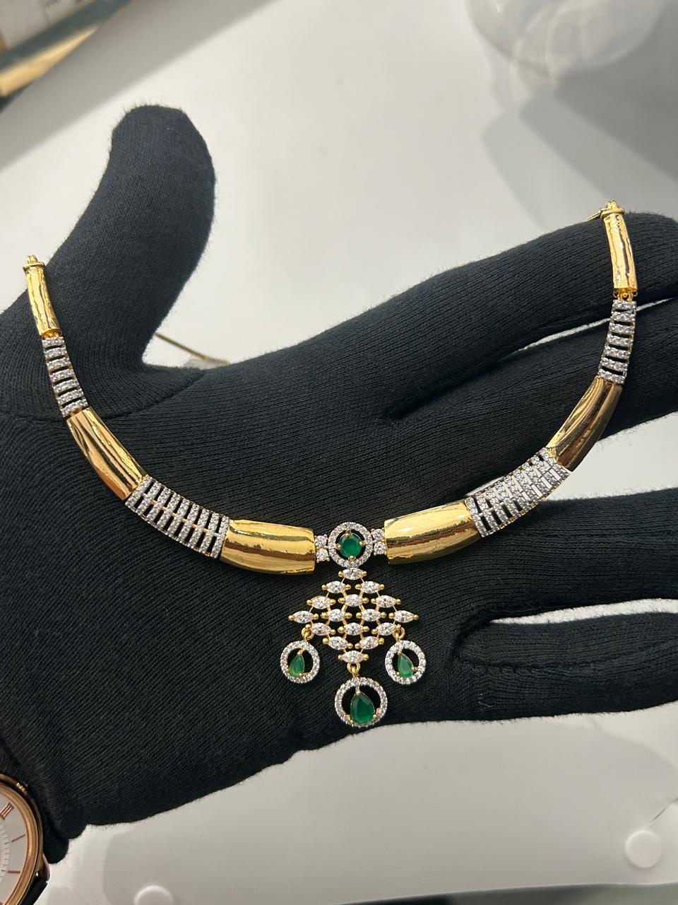 Elegant Gold & CZ Emerald Stone Necklace Set