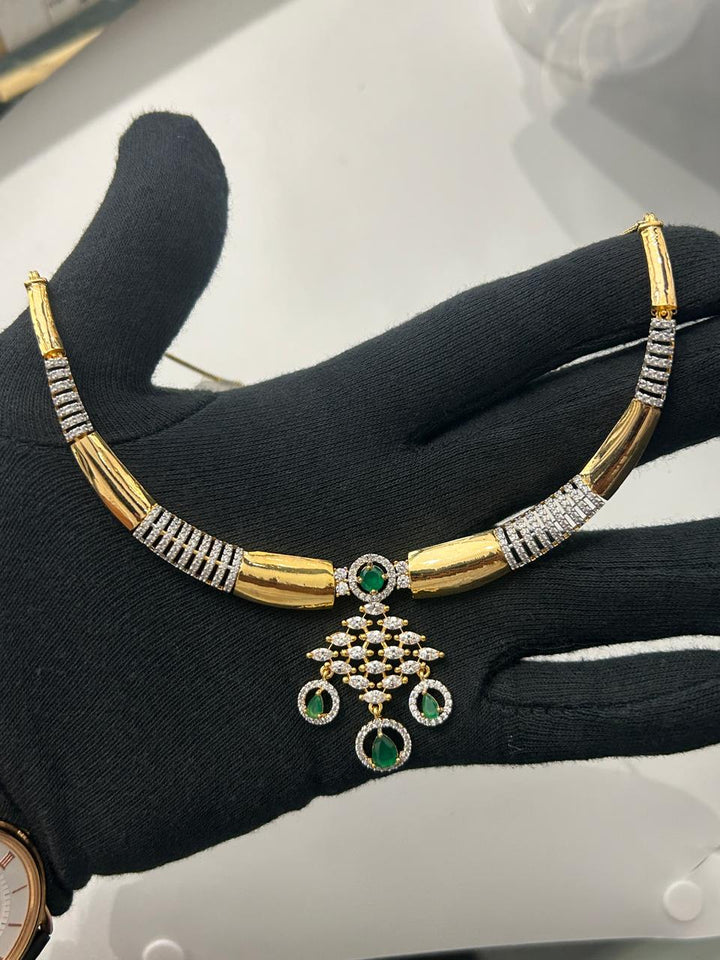 Elegant Gold & CZ Emerald Stone Necklace Set