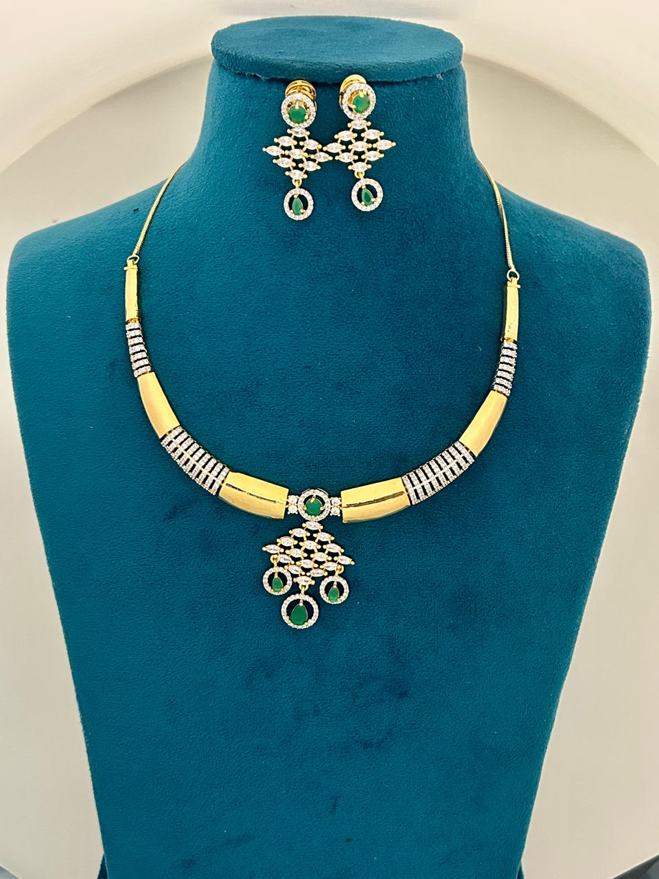 Elegant Gold & CZ Emerald Stone Necklace Set