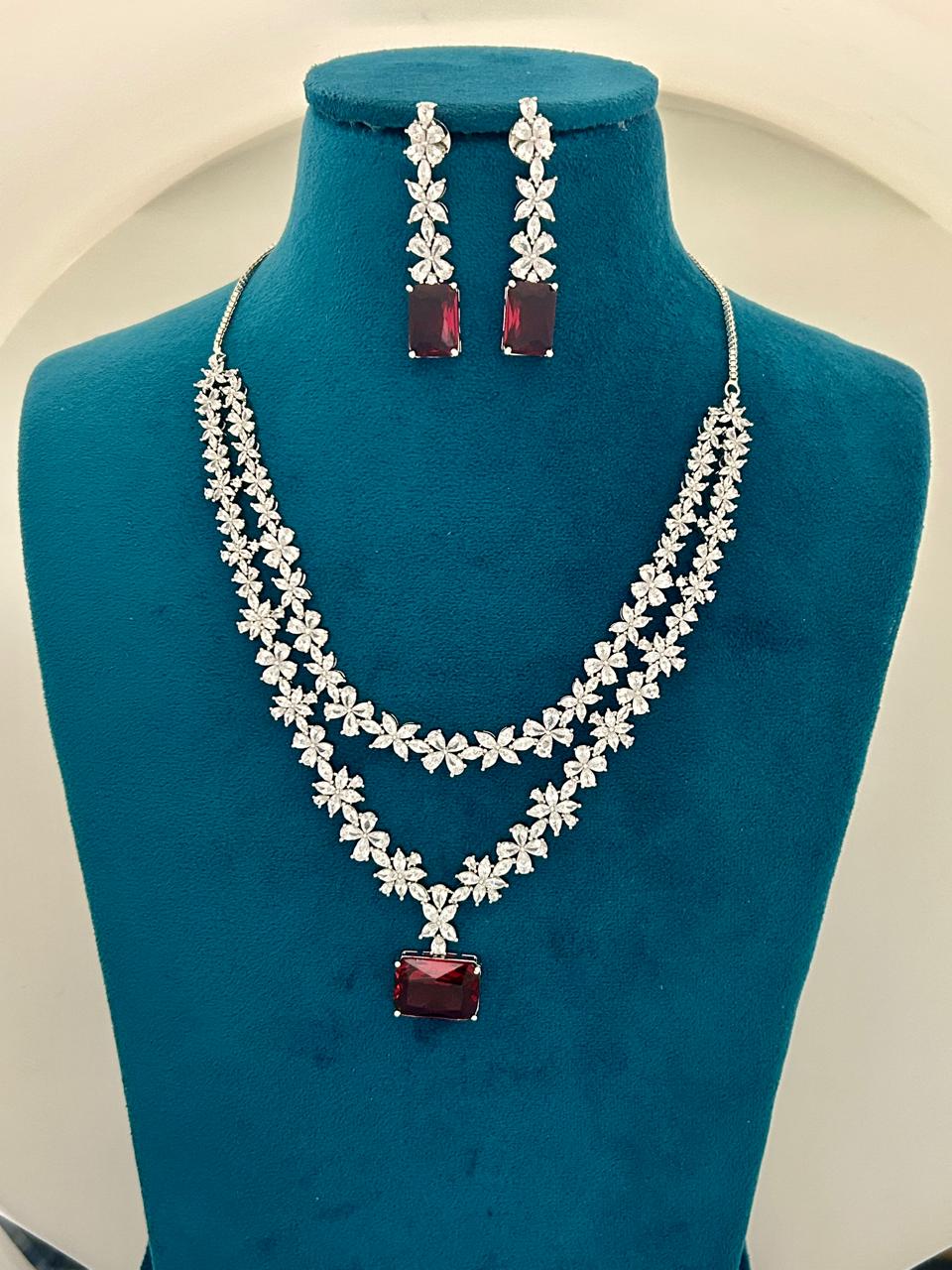 Double Layer CZ Diamond & Ruby Pendant Necklace Set