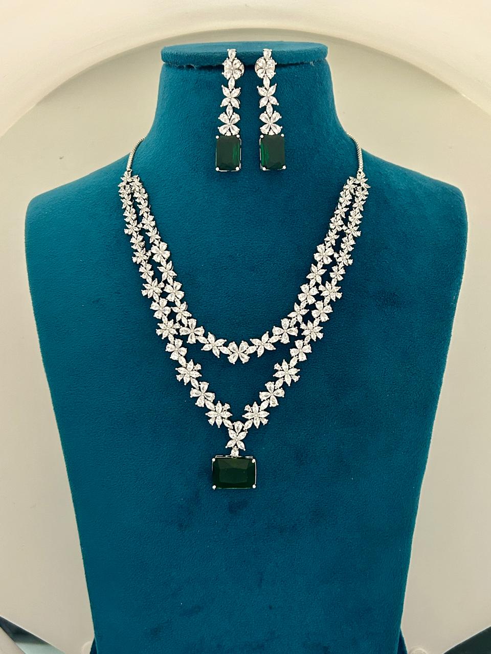 Double Layer CZ Diamond & Emerald Pendant Necklace Set